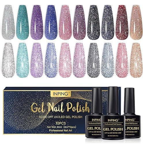 INPING Gel Nail Polish, 10 Colors Reflective Glitter Gel Polish Set, Navy Blue Black Gold Silver Purple Pink Sparkle Shiny Diamond Flash In Darknight UV Nail Varnish for Disco DJ Dazzling Nail Art - Image 1