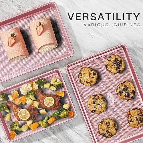HONGBAKE Baking Sheet Pan Set, Cookie Sheets for Oven, Nonstick Half/Quarter/Jelly Roll Pans with Diamond Texture Pattern, Heavy Duty Cookie Tray, Pink thumbnail 3