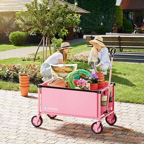 Hombetta Collapsible Wagon Cart with Wheels, 150L Lightweight Foldable Utility Cart, Portable Rolling Wagon for Garden, Shopping, Sports, Camping, Transport, Pink thumbnail 2