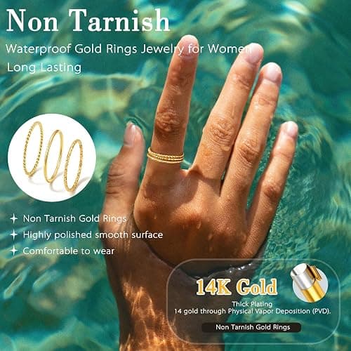 Gokeey Gold Rings for Women Non Tarnish, Dainty 14K Gold Plated Stackable Thin Thumb Ring Set Trendy Pinky Wedding Bands Engagement Rings for Women Size 3 4 5 6 7 8 9 10 11 thumbnail 6