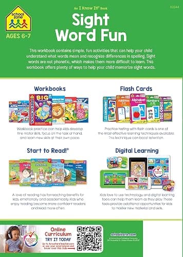 School Zone Sight Word Fun Workbook: 64 Pages, 1st Grade, Word Recognition, Spelling, Letter Sounds, Context Clues, Categorizing, Ages 6 to 7 (I Know It! Book Series) thumbnail 2