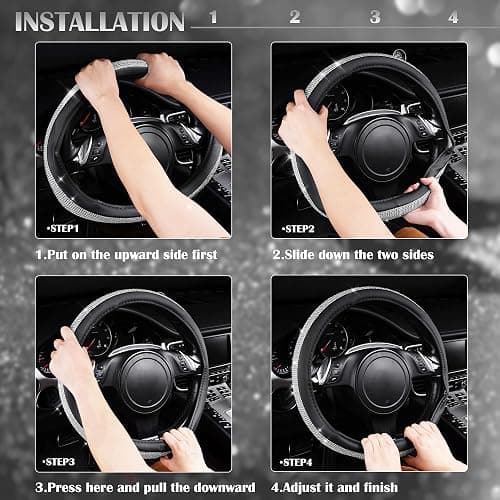 CAR PASS Bling Diamond Leather Steering Wheel Cover, with Bling Sparkly Crystal Glitter Rhinestones Universal Fit 14.5in-15in Car Wheel Protector for Women Girl Fit Suvs,Vans,Sedans,Car,Trucks, Silver - Silver Diamond thumbnail 6