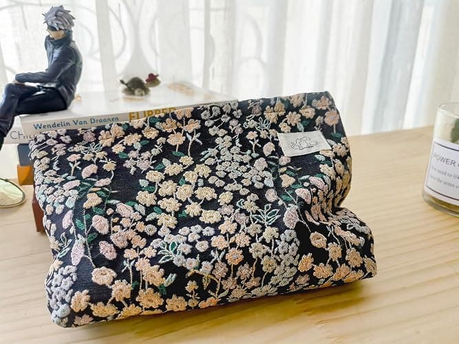 Travel Makeup Bag Accessory Zipper Pouch for Cosmetics, Purse Organizer, Embroidery Lucky Flowers Black thumbnail 5