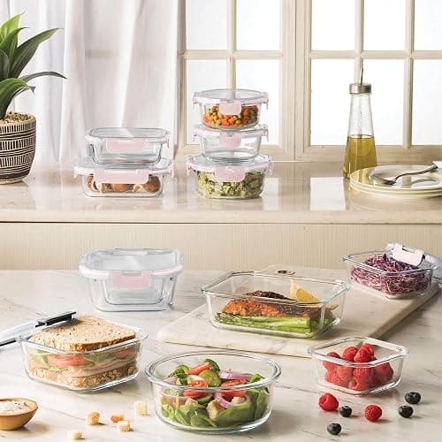 FineDine 24 Piece Glass Storage Containers with Lids - Leak Proof, Dishwasher Safe Glass Food Storage Containers for Meal Prep or Leftovers, Pink thumbnail 2
