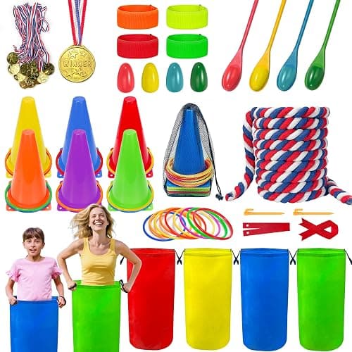 LINAYE Field Day Games Outdoor Activities, Carnival Lawn Yard Picnic Family Reunion Games Tug of War Rope Sack Race Bags for Adults and Kids Ring Toss Egg and Spoon 3 Legged Race for Birthday Party - Image 1