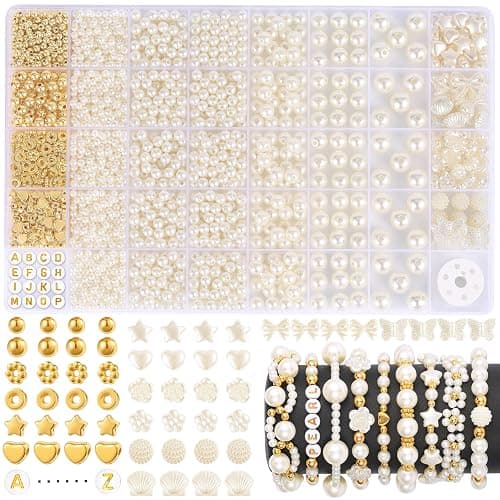 Funtopia 1860pcs Beads Bracelet Making Kit, 5 Sizes Round White Pearl Beads, Multi-shape Pearls and Gold Spacer Bead, Assorted Bead for Jewelry Making, DIY Art Crafts for Women Girls - Image 1