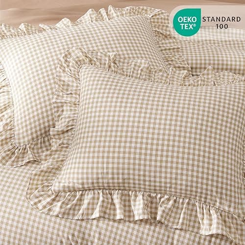 AMBERSPACE King Size Comforter Set Gingham Ruffle Tan 7 Pieces Bed in a Bag | Farmhouse Shabby Chic Fluffy Bedding Sets with Sheets, Pillowcases & Shams thumbnail 5