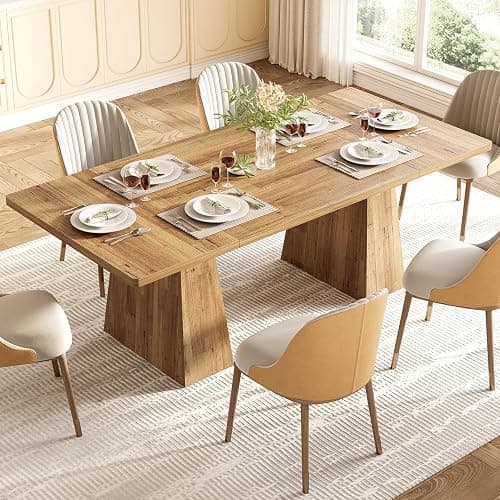 LITTLE TREE Dining Table for 6 People, Wooden Dining Table, Rectangle Table with Heavy Duty Legs, Modern Dining Table for Kitchen, Dining Room, Light Brown thumbnail 4