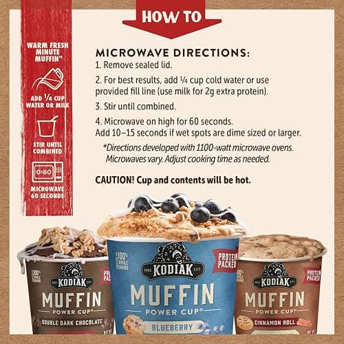 Kodiak Cakes Minute Muffin Cup Variety Pack - 100% Whole Grains, Double Dark Chocolate, Blueberry & Cinnamon Roll (Pack of 12) thumbnail 5