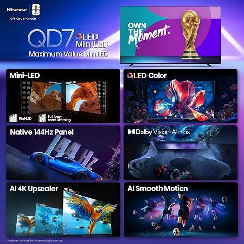 Hisense 100QD7QFM - 100" 4K Smart Mini-LED Fire TV (2025 Model), QLED Color, 144Hz Game Mode PRO, Dolby Vision, Dolby Atmos, AI Smooth Motion with MEMC, Alexa Built in with Voice Remote thumbnail 3