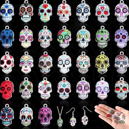 Hicarer 62 Pcs Sugar Skull Charms for Jewelry Making Halloween Enamel Charms Dia De Los Muertos Flower Skull Pendants for Necklaces Bracelets Earring Crafts(Chic Style) thumbnail 8