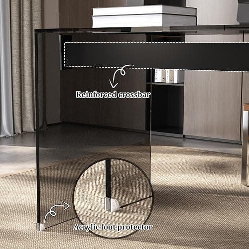 NessCarsti 53.14" Modern Glass Office Desk with Drawer for Home Office | Black Clear Computer Desk with Tempered Glass Tabletop & Legs, Minimalist Stylish Executive Table for Bedroom thumbnail 8