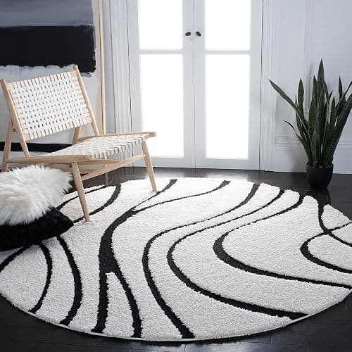 SAFAVIEH Florida Shag Collection 4' Round Ivory / Black SG471 Abstract Wave Non-Shedding Living Room Bedroom Dining Room Entryway Plush 1.2-inch Thick Area Rug - Image 1