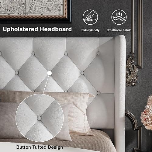 GalnFu Queen Size Bed Frame with Button Tufted Headboard, Upholstered Platform Bed Frame with UnderBed Storage, Wooden Slats Supports, Noise Free, No Box Spring Needed, Easy Assembly, White thumbnail 3