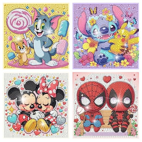 4 Packs Cartoon Diamond Art Kits for Kids,5D DIY Diamond Art Painting Kits for Kids Ages 4-8-12,Mosaic Kits Full Round Drills for Gifts and Home Wall Decor 6X6 Inch - Image 1