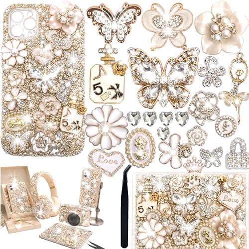 AVELICE Junk Case Large Charm Kit, White Phone Case Charms with Large Rhinestone Butterfly,Alloy Dancer&Flower, Camellia and Assorted White Floral Charms for DIY Girls & Social Media Crafting - Image 1