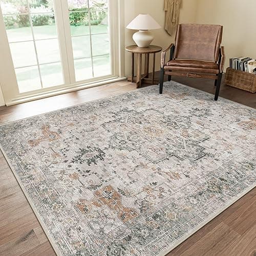 GENIMO 8x10 Area Rugs for Living Room, Machine Washable Non Slip Vintage Rugs, Low Pile Lightweight Chenille Print Rug for Bedroom, Dining Room, Home Office, Light Taupe Brown - Image 1