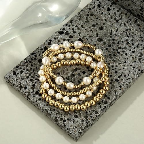 Gold Beaded Bracelets for Women Baroque Pearl Stackable14K Gold Plated Stretch Bead Ball Bracelet Jewelry Gifts thumbnail 8