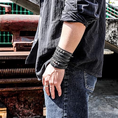 Manfnee 6-12PCS Braided Faux Leather Bracelet Punk Cuff Wrap Bracelets for Men Women Adjustable thumbnail 5