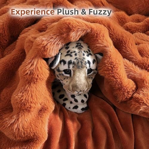 Smoofy Faux Fur Fall Throw Blanket for Couch – Burnt Orange Fluffy Cozy Rabbit Fleece, Plush Soft Bubble Blanket for Sofa & Bed, for Mom, Warm Fuzzy Home Room Decor Throw 60" x 80" thumbnail 7