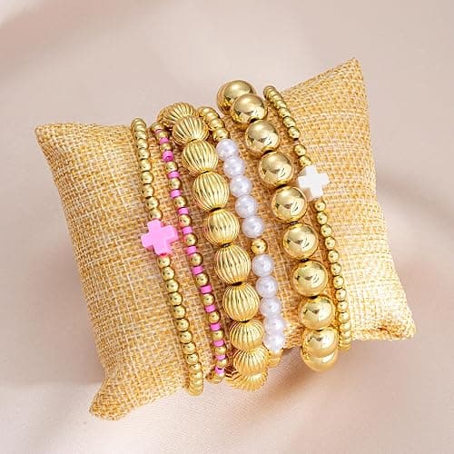 HUASAI Gold Bracelet Stack for Women Beaded Bow Bracelet Non Tarnish Chunky Stretch Paperclip Cross Pearl Bracelets Set Christmas Jewelry Gifts Stocking Stuffers for Teen Girls thumbnail 7