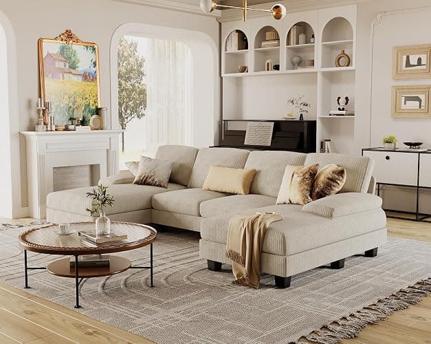 Furmax Sectional Couches for Living Room, Corduroy, Beige | U-Shaped Sofa Couch with Linen Fabric, 4 Seat Sofa Set with Double Chaise for Apartment thumbnail 6