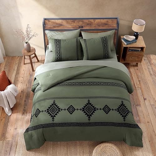 MaiRêve Olive Green Embroidery Comforters Set Queen Size - 7 Pieces, Farmhouse Western Bedding All Season Bed in A Bag Queen, Boho Comforter Set with Sheets, Pillowcases & Shams thumbnail 4