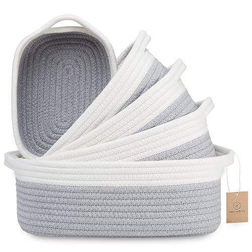 NaturalCozy 5-Piece Rectangle Storage Basket Set- Natural Cotton Rope Woven Baskets for Organizing! Small Basket for Montessori, Baby Nursery, Dog Toy Baskets, Cat Toy Box, Bathroom Organization Bin - Image 1
