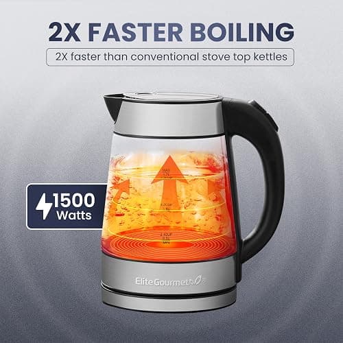 Elite Gourmet EKT-602 BPA-Free Electric Glass Kettle, Cordless 360° Base | Stylish Blue LED Interior, Auto Shut-Off Function, Quickly Boil Water for Tea & More thumbnail 4
