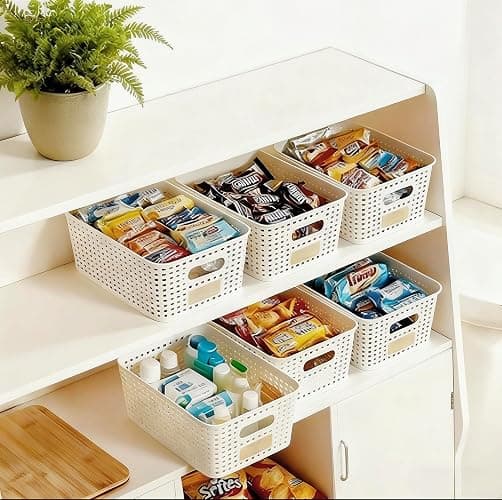 Plastic Storage Bins with Bamboo Lid - Plastic Storage Baskets with Lid - Stackable Container with Lable for Organizing: Small Storage Box for Shelves Office Cabinet Drawer ,10x7.2x4 In - White 6 Pcs thumbnail 7