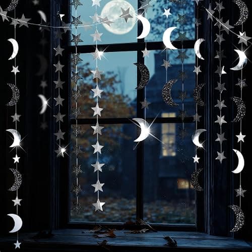 Cheerland Black Silver Moon Garland Twilight Birthday Decoration Star Streamer Gothic Party Decor Garland Ramadan Eid Mubarak Glitter Banner Celestial Wedding Baby Shower Summerween Halloween Decor thumbnail 8
