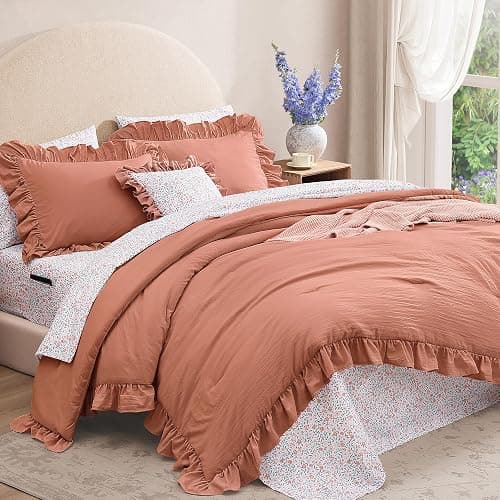 BLOOMHAVEN Queen Comforter Set - 7 Pieces Ruffle Autumn Leaf Bedding Sets, Shabby Chic Farmhouse Bed in a Bag Queen with Ruffle Comforter, Floral Sheets, Pillowcases & Shams thumbnail 3