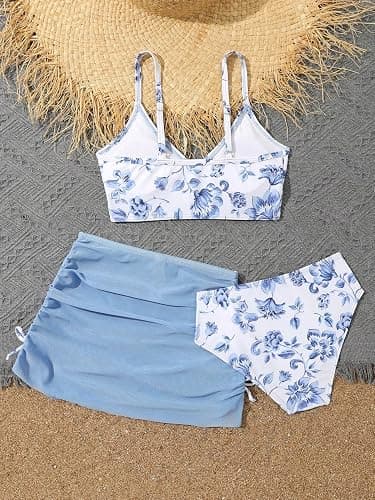 QJQ Girl's 3 Piece Floral Swimsuit Cute V Neck Bikini Set High Waisted Bathing Suit Sheer Mesh Cover Up Skirt thumbnail 3