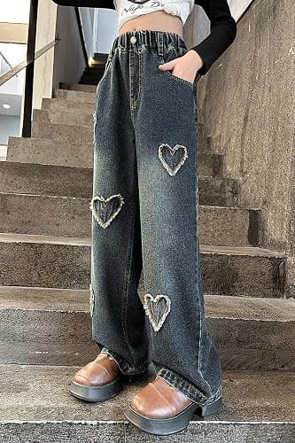 Rolanko Girls Jeans Bootcut Ripped Elasticated Waist Retro Style Denim Pants for Kids Fit - 6-7 Years - Blue Hairyheart thumbnail 2