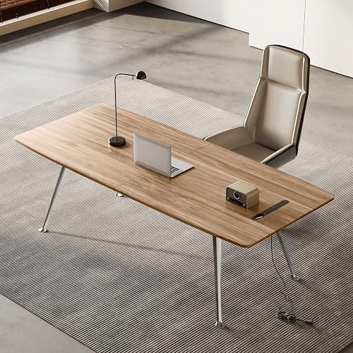 60-Inch Executive Desk, Modern Desk for Home Office, Wooden Study Writing Work Table with Power Outlets and USB-C Port, Large Legroom, Sturdy Metal Frame, Mid-Century Modern Simple, Light Brown thumbnail 4