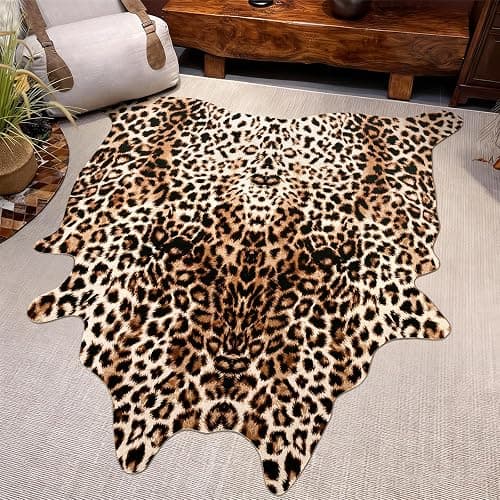 Pettop Luxury Faux Leopard Print Rug 4.6x5.2 Ft - Western Cheetah Area Rugs for Living Room, Bedroom, Farmhouse - Premium Western Faux Fur Carpet, Non-Slip Animal Hide Throw Rugs, Dark Brown thumbnail 9
