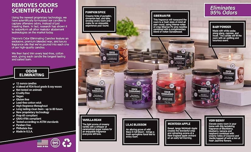 Vanilla Bean Odor Eliminating Highly Fragranced Candle - Eliminates 95% of Pet, Smoke, Food, and Other Smells Quickly - Up to 80 Hour Burn time - 12 Ounce Premium Soy Blend thumbnail 7