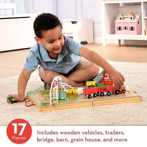Melissa & Doug 17-Piece Wooden Take-Along Tabletop Farm, 4 Farm Vehicles, Play Pieces, Barn, Grain House Take-Along Pretend Play Toy Barn Toys for Toddlers Ages 1+ thumbnail 3