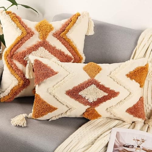 Merrycolor Boho Lumbar Throw Pillow Cover 12x20 inch,Bohemian Tufted Decorative Pillow Covers with Tassels for Couch Sofa Bedroom Living Room thumbnail 4