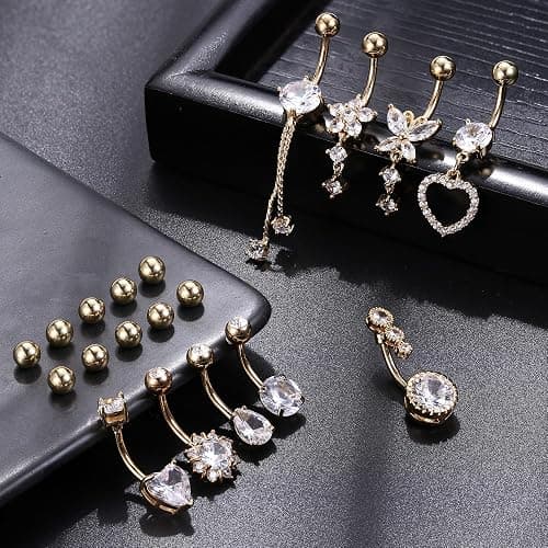 ZELORES 9/10PCS Surgical Stainless Steel Hypoallergenic Belly Button Rings with Extra Replacement Balls, Trendy Dangle Belly Button Piercing Jewelry for Women, 14G - Silver Plated/14K Gold Plated/Rose Gold Plated thumbnail 5