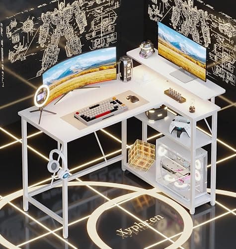 Xyphren L Shaped Gaming Desk with RGB LED Lights & Power Outlets, 120 * 80 cm Small Computer Desk with Adjustable Shelves, Corner Office Desk for Study Workstation, White thumbnail 6