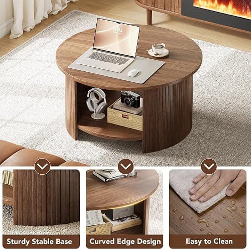 OneBlis Round Coffee Table with Storage, 31.5" Modern Fluted Center Table, 2-Tier Mid Century Coffee Table, Wood Circle Table for Living Room, Home Office, Small Space, Walnut thumbnail 4