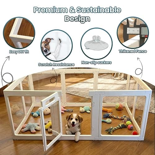Transparent Indoor Dog Playpen with Safety Lock, Indoor Dog Fence for Small & Medium Pets | Secure, Stylish, Easy Clean Play Pen for Dogs & Pets with Scratch Resistant Panels (White, 10 Panel) thumbnail 3