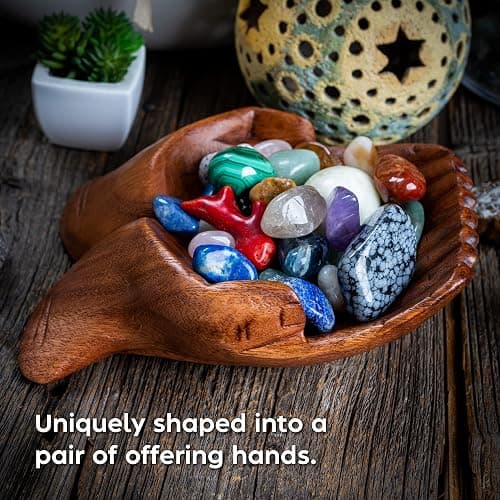 Curawood Carved Hands Offering Bowl - Crystal Holder for Stones, Rock Collection Holder, Crystal Display Storage Tray, Wooden Hands Bowl for Keys - Rock Display Case for Shelf, Stand, Altar Decor (M) thumbnail 5