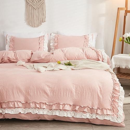 GETIYA Rosa Rüschen Bettwäsche 200x220 Weich Mikrofaser Bettwäsche Teenager Mädchen Damen Bettbezug Rüschen Dekoration Romantisch Rosa Bettwaesche Doppelbett mit 2 Kissenbezug 80x80 thumbnail 3