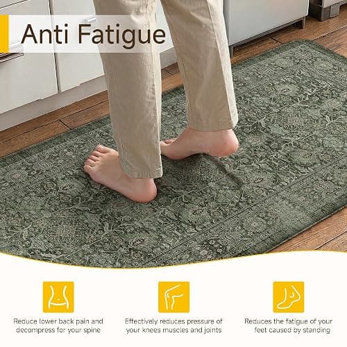 PureCozy Kitchen Mats 2PCS Anti Fatigue Cushioned Mat Green Vintage Kitchen Mats for Floor Waterproof Non Slip Comfort Standing Distressed Rug for Sink Laundry Office 17.3"x47"+17.3"x30" thumbnail 5