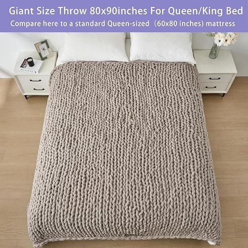 Bigacogo Chunky Knit Throw Blanket for Couch, 80x90 inches, 100% Hand Knitted with Thick Jumbo Chenille Yarn, Cozy Soft Large Rope Knot Cable Crochet Blankets for Sofa Bed Living Room, Taupe thumbnail 6