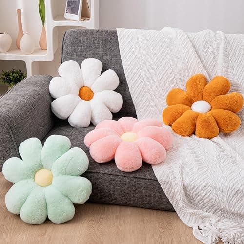 JZNEXD 2 Pcs Flower Pillow Set for Teen Girls Bedroom Preppy Room Decor | Pink White Set,15 Inch, Faux Plush,Soft and Fluffy, Daisy Shaped, Aesthetic Cute Decorative Throw Pillows for Bed Couch Chair thumbnail 2