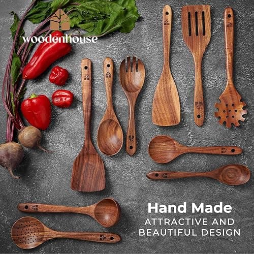 Wooden Spoons for Cooking – 10 Pc Teak Wood Utensil Set, Durable, Nonstick Safe & Heat Resistant with Ergonomic Handles thumbnail 7