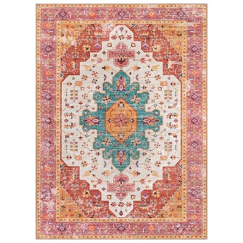 Moynesa Ultra-Thin Washable Area Rug - 4x6 Pink Rugs for Bedroom Girls Vintage Rug for Living Room, Non Slip Non Shedding Low Pile Indoor Throw Carpet for Nursery Office Entryway Kitchen Foyer thumbnail 9